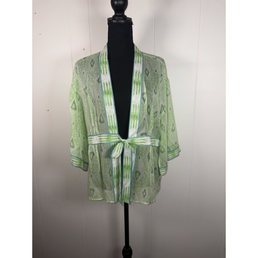 silk sheer‎ kimono tie Front cover up m/L Blue Green Boho
